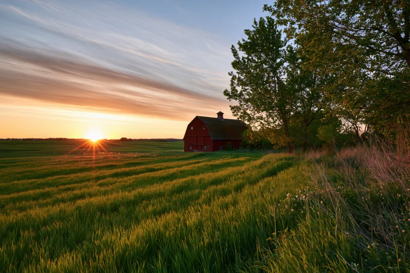 Red barn in a wide open farm field at sunset
