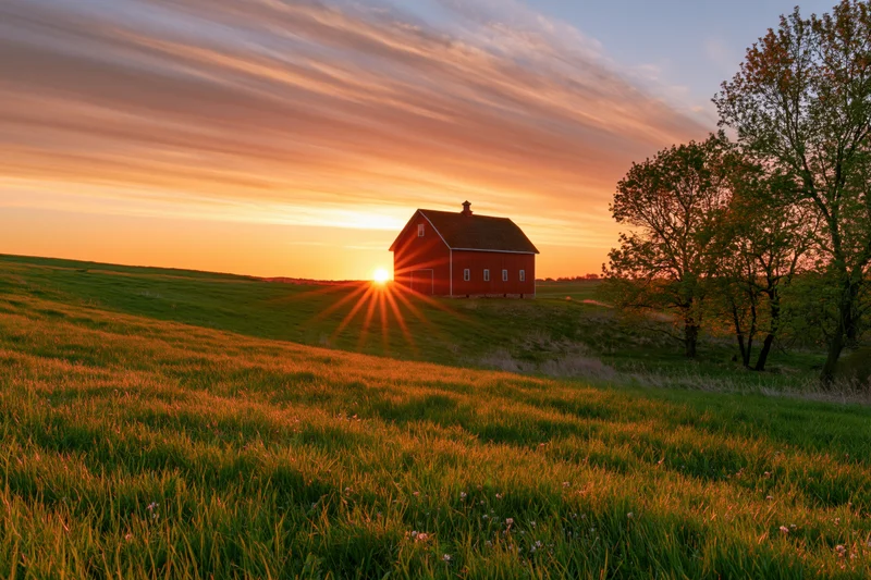 Red barn standing alone in a wide open farm field at sunset