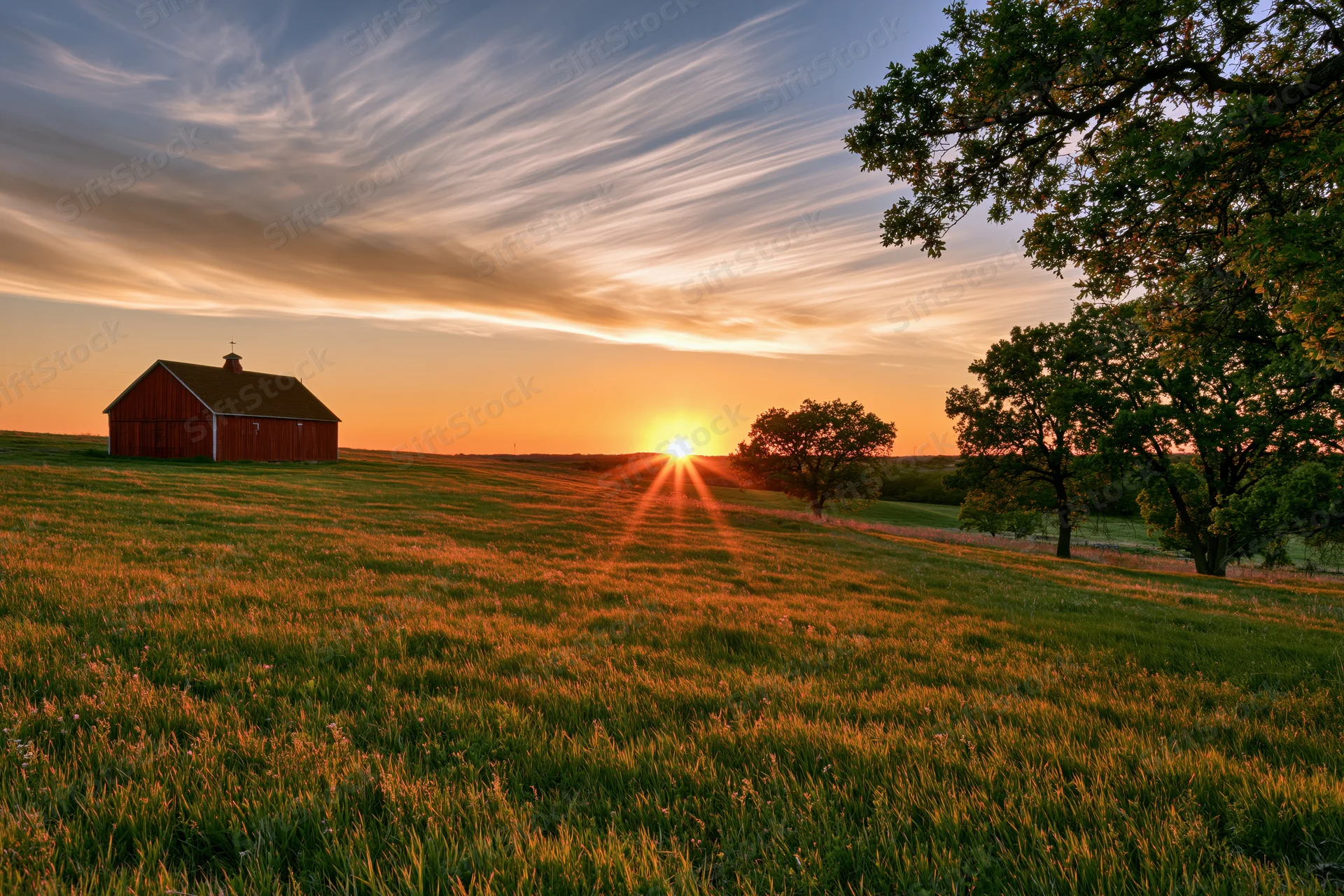 Red barn in a grassy field at sunset with trees and clouds in the sky
