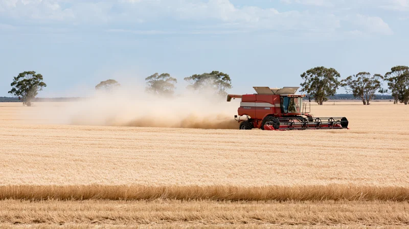 Red combine harvester harvesting wheat in a vast golden field