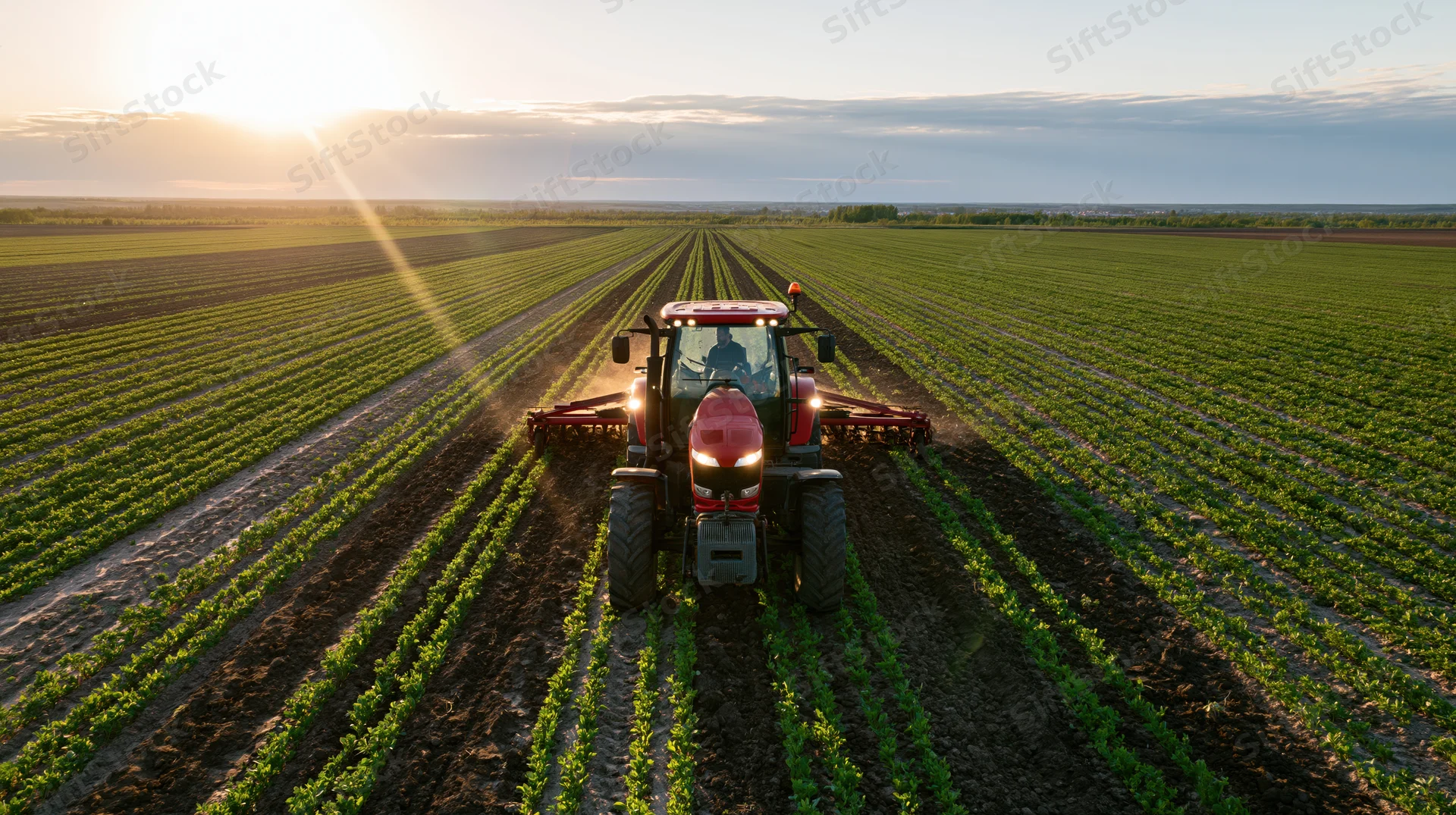 Red tractor cultivating neat rows of young green seedlings in a vast field at sunrise