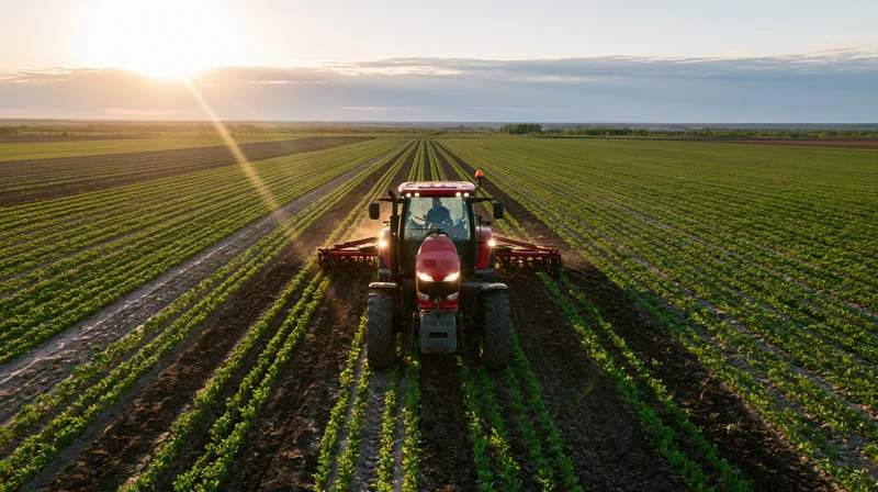 Red tractor cultivating neat rows of young green seedlings in a vast field at sunrise