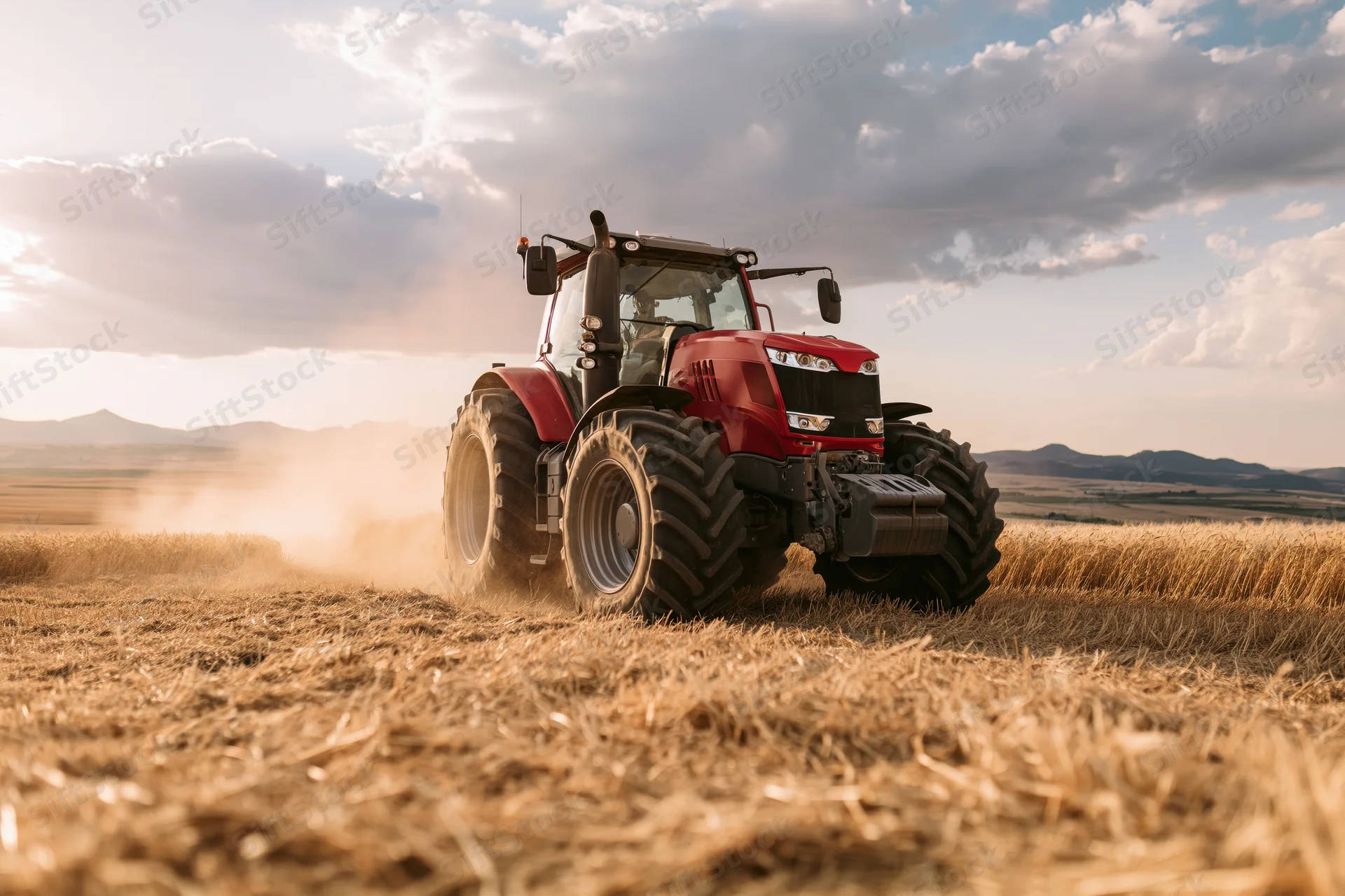 Red tractor harvesting wheat field at sunset kicking up dust trail