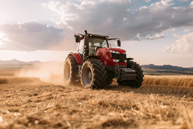 Red tractor harvesting wheat field at sunset kicking up dust trail