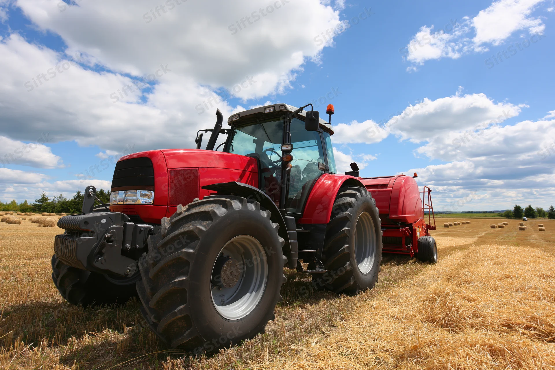 Red tractor pulling round hay baler across cut hayfield under partly cloudy sky