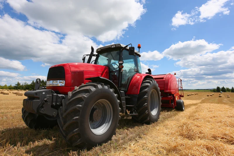 Red tractor pulling round hay baler across cut hayfield under partly cloudy sky