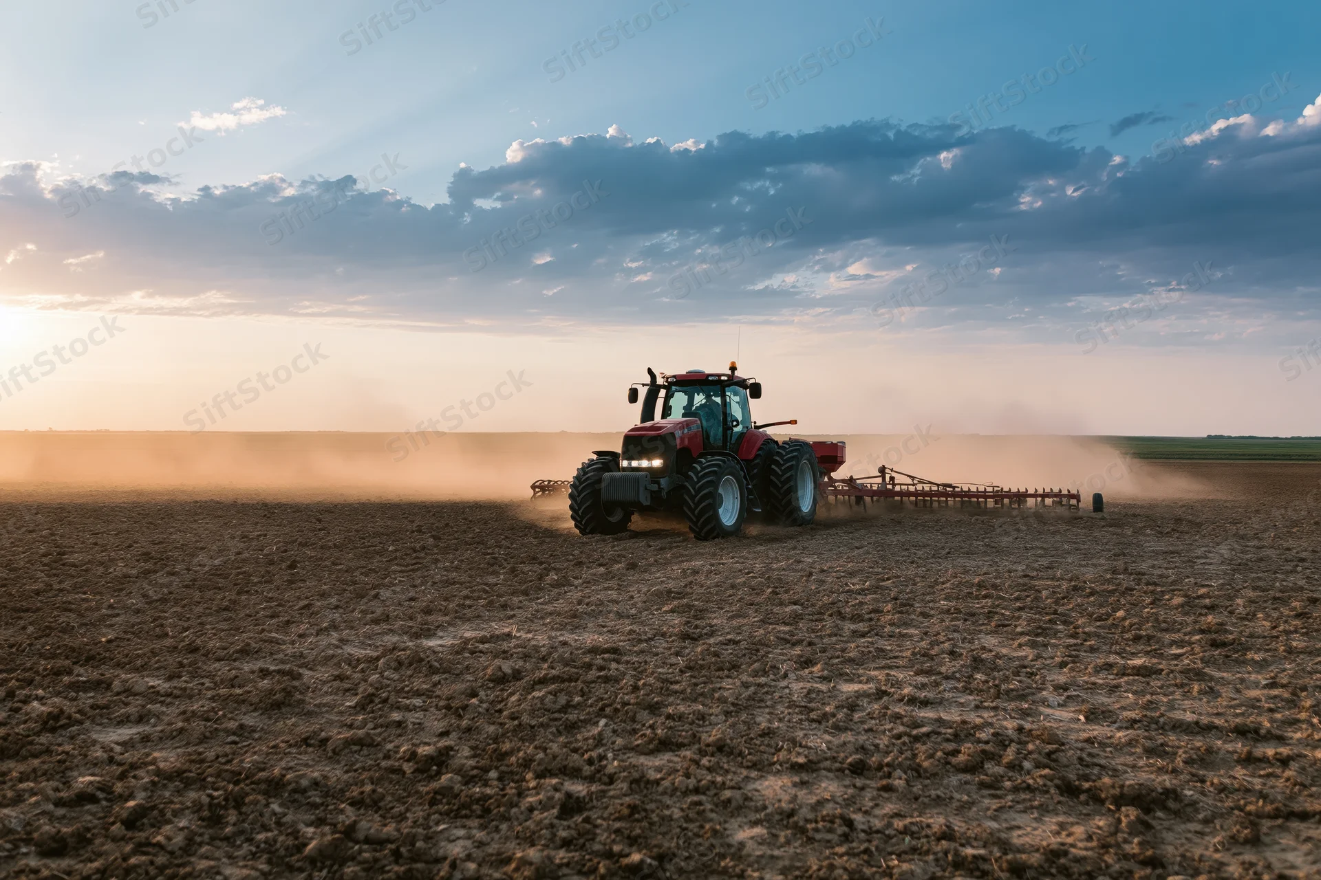 Red farm tractor pulling a disc harrow across a tilled field