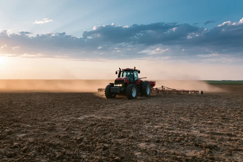 Red farm tractor pulling a disc harrow across a tilled field