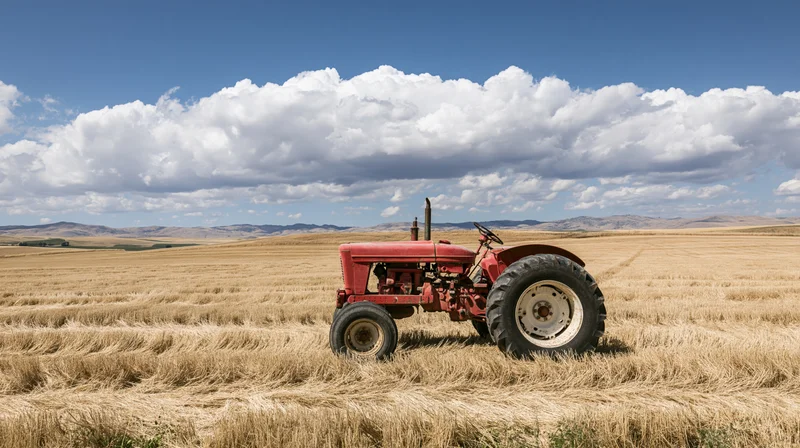 Red vintage tractor parked in a harvested wheat field under a blue sky with clouds
