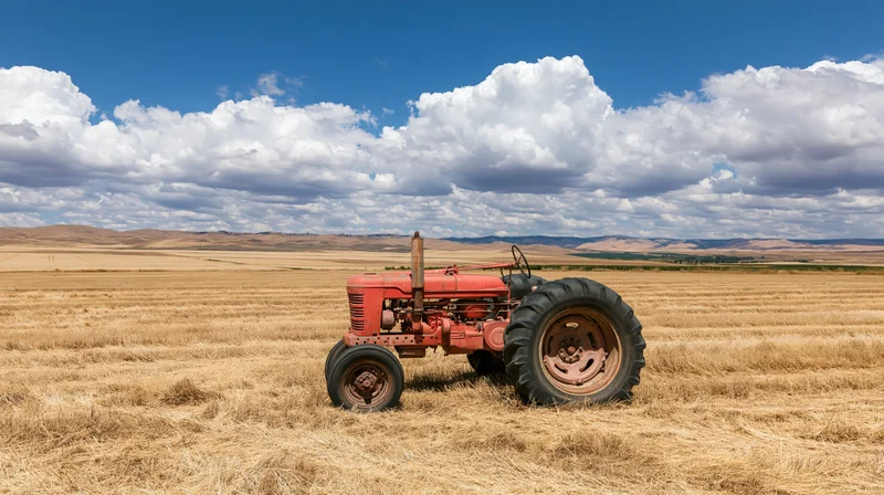 Red vintage tractor parked in a harvested wheat field under a blue sky with clouds