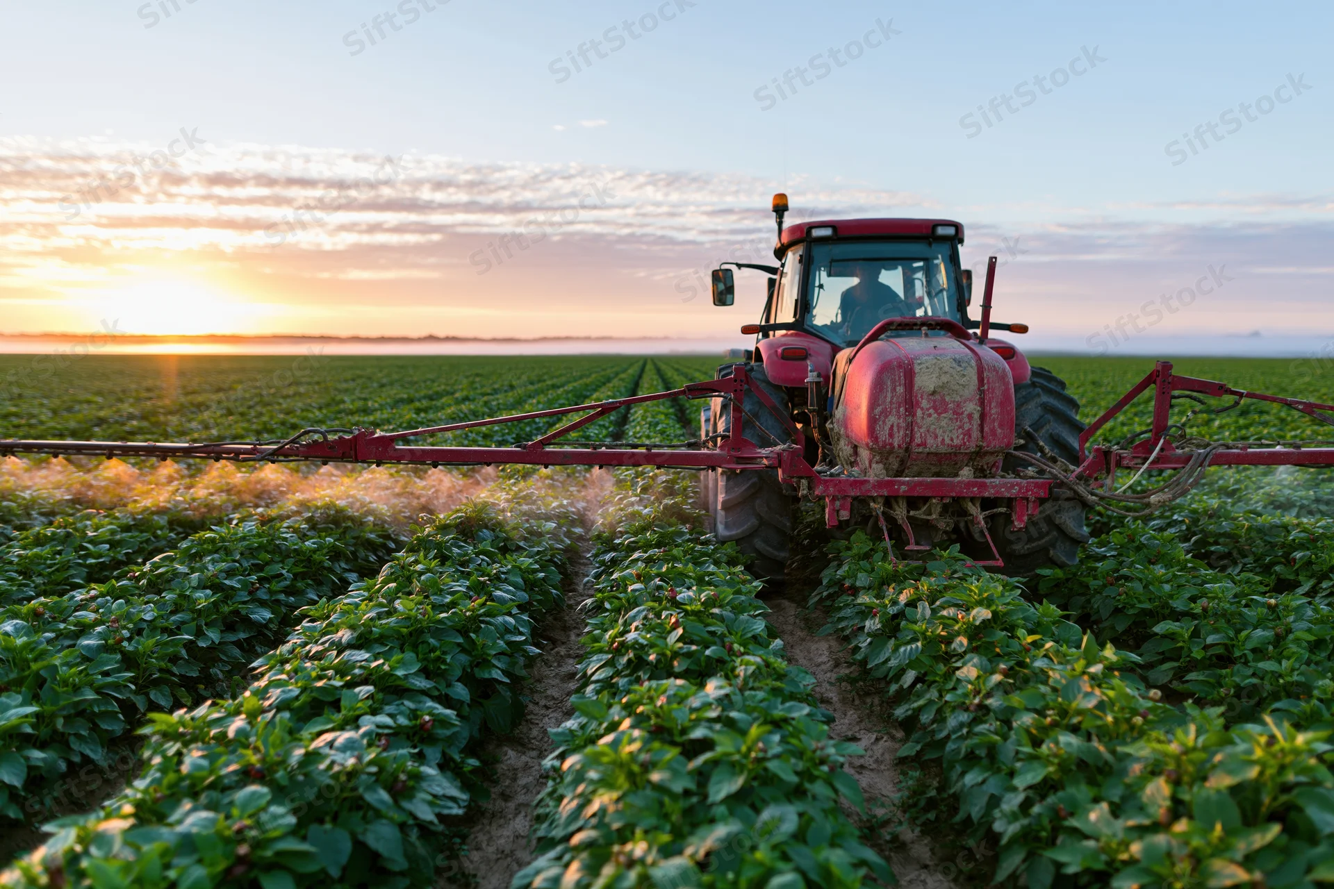 Red tractor with extended boom sprayer moving through rows of green crops at sunset in a farm field