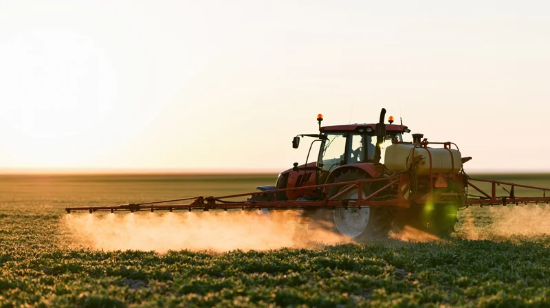 Red farm tractor with extended spray boom applying pesticide