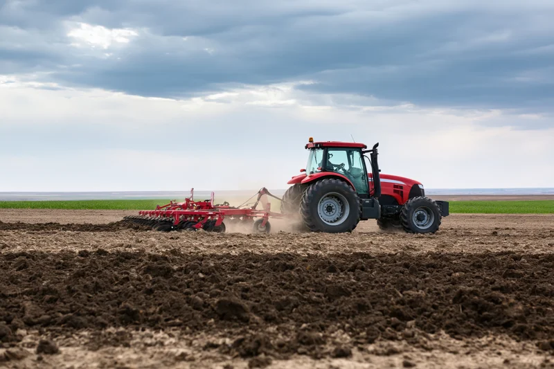 Red tractor pulling cultivator across tilled field