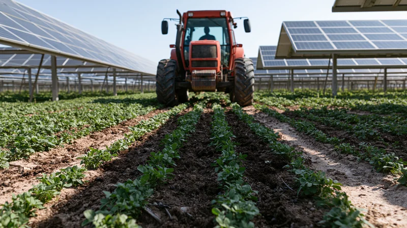 Red tractor driving between rows of green crops in a solar-powered farm field