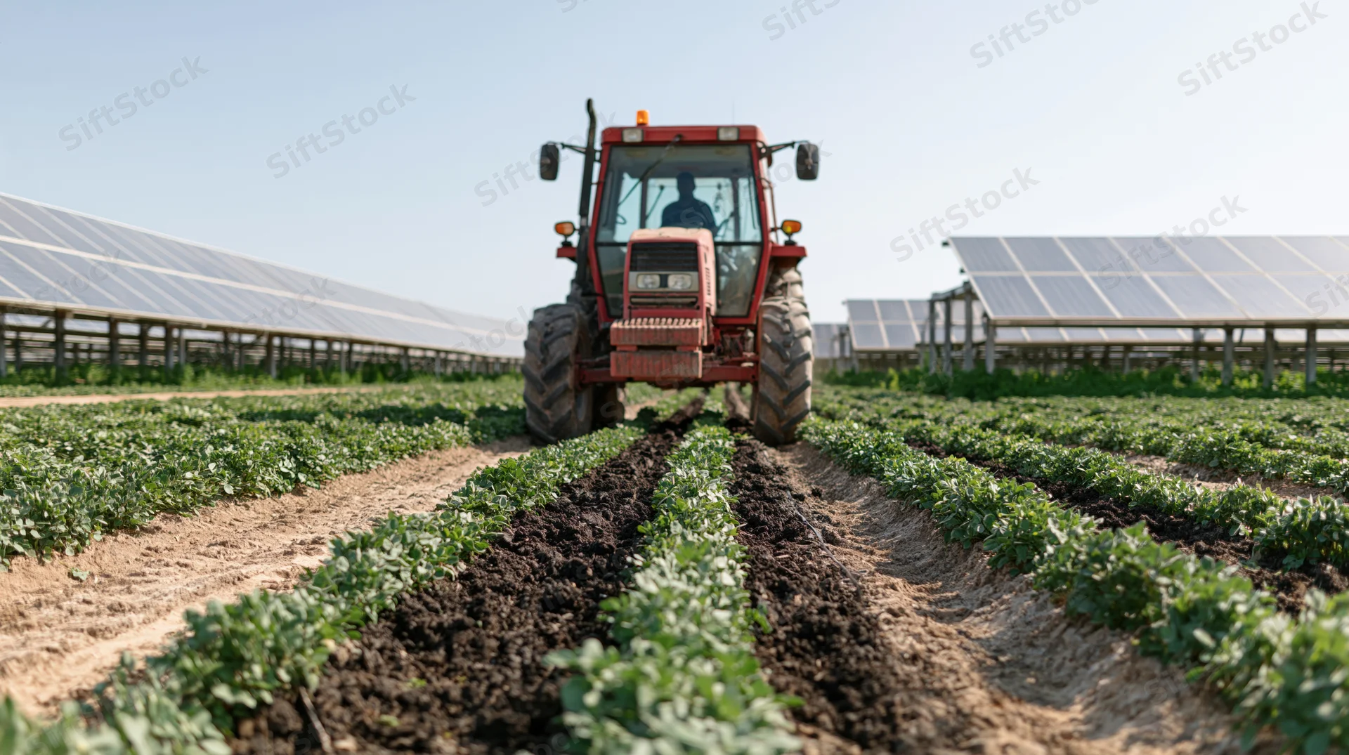 Red tractor driving between rows of green crops in a solar-powered farm field