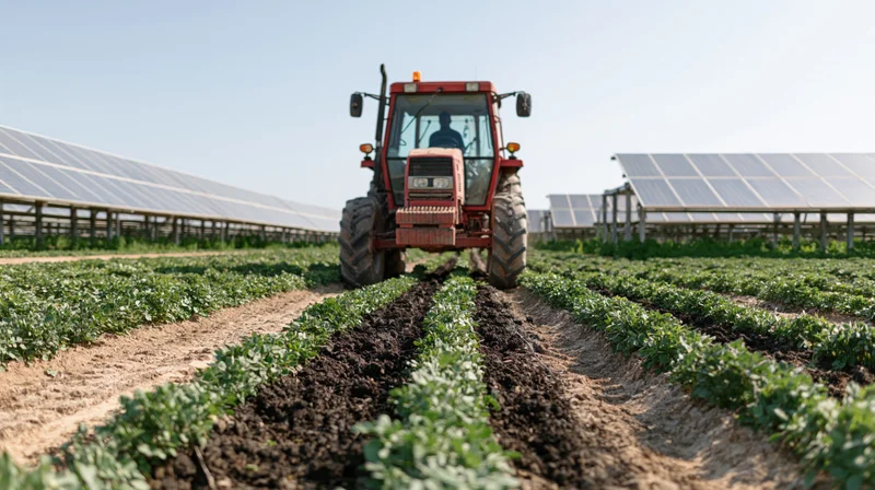 Red tractor driving between rows of green crops in a solar-powered farm field