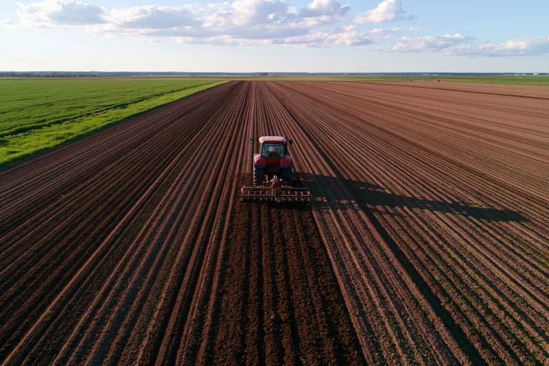 Red tractor pulling seeder across freshly plowed field