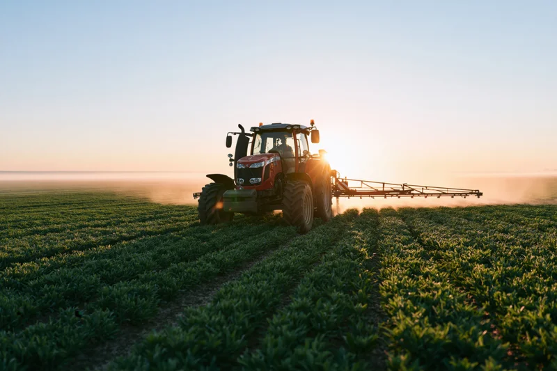 Red tractor pulling a wide spray rig across a flat green farm