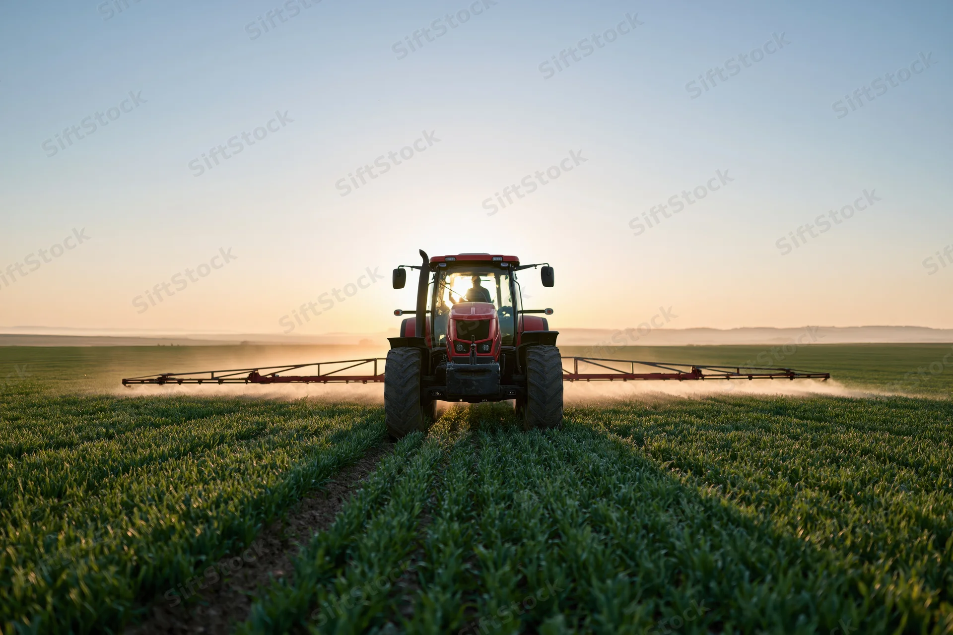 Red tractor spraying crops in a flat green field at sunrise