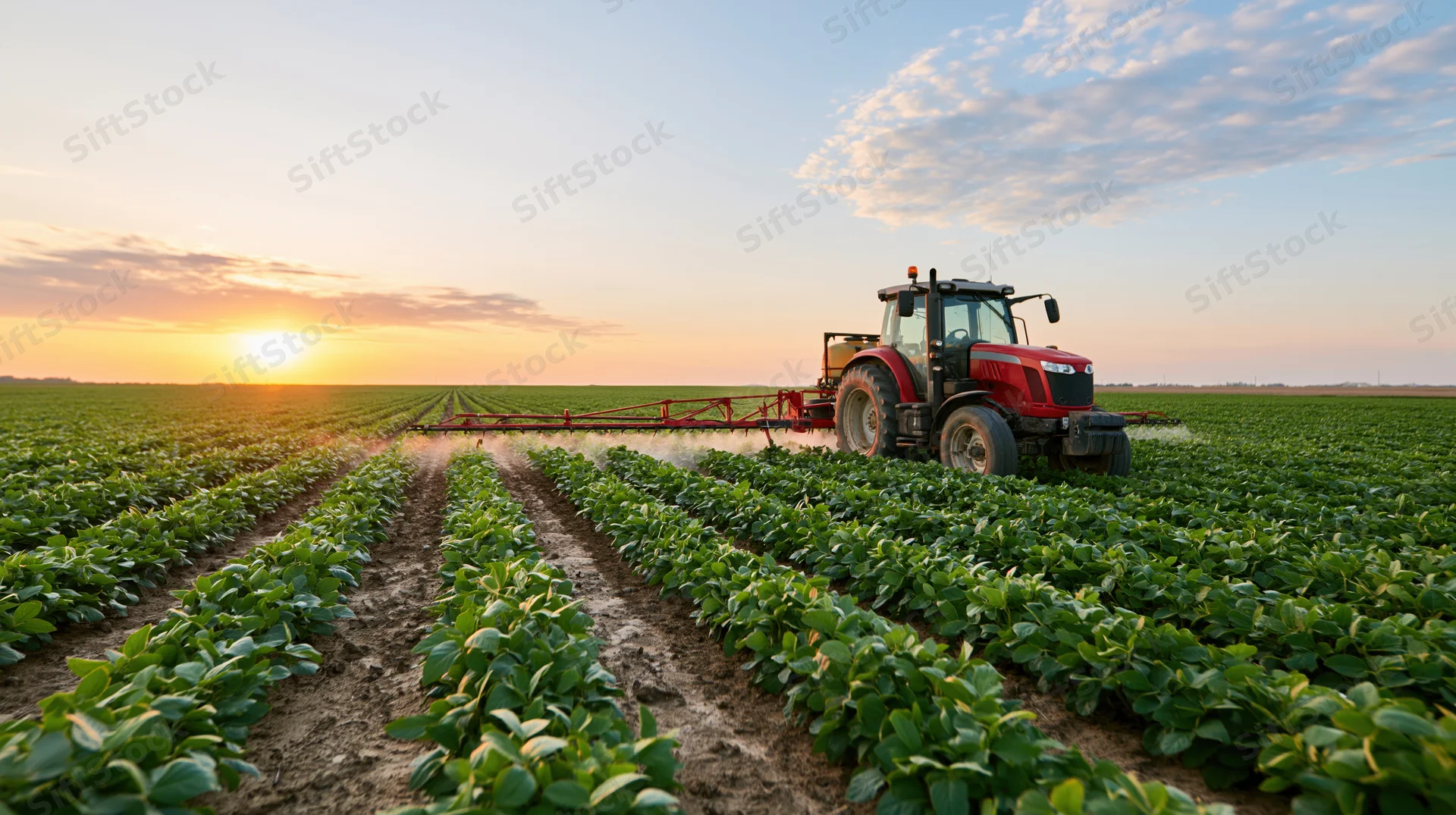 Red tractor spraying soybean crops in a wide field at sunset