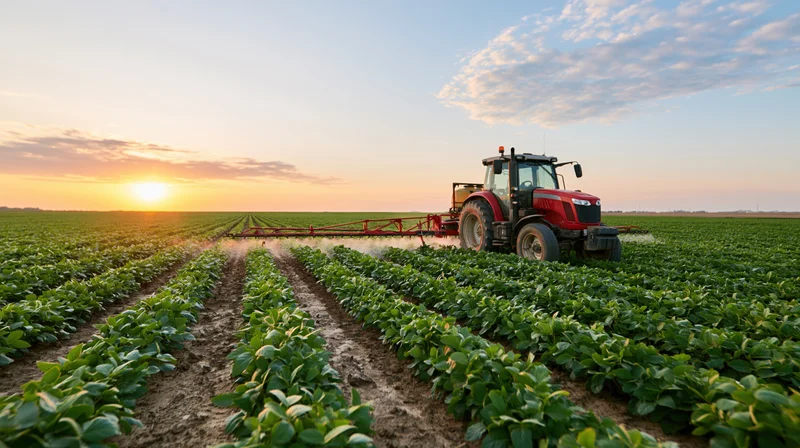 Red tractor spraying soybean crops in a wide field at sunset