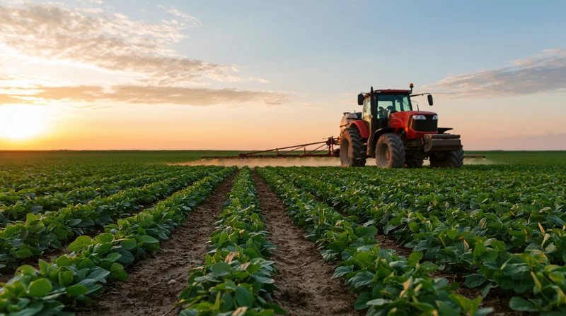 Red tractor spraying crops across a soybean field landscape