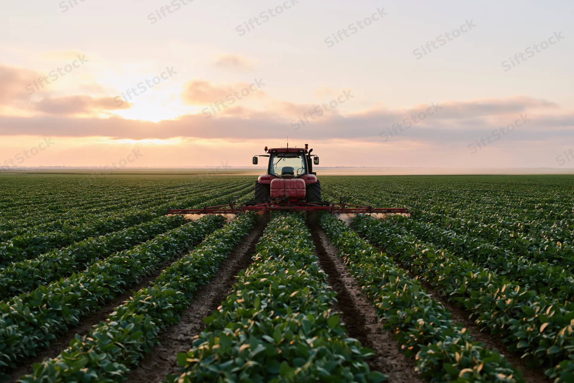 Red tractor spraying crops in a vast soybean field at sunset