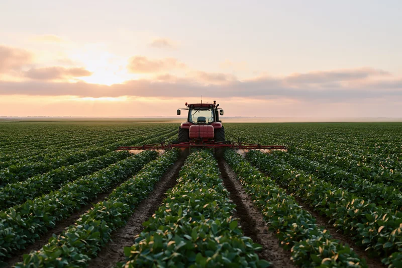 Red tractor spraying crops in a vast soybean field at sunset