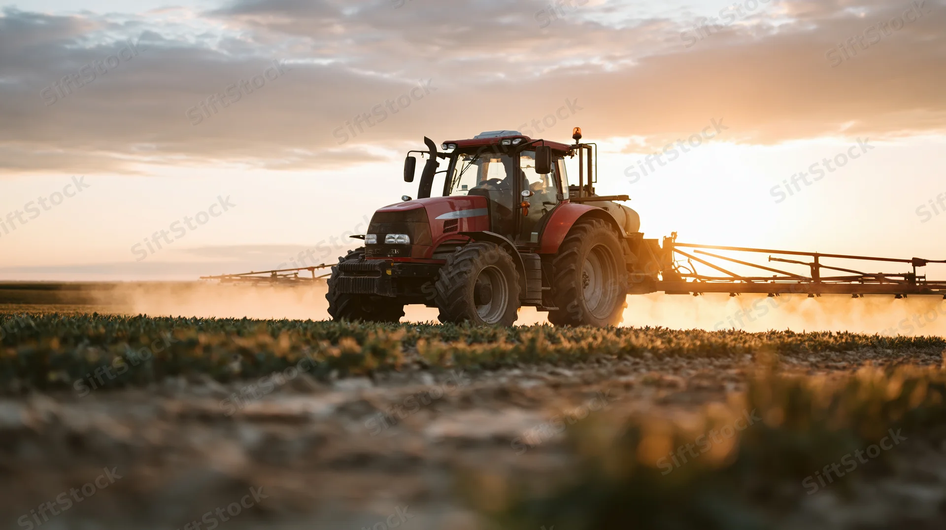 Red tractor with boom sprayer moving through a low crop field at sunset
