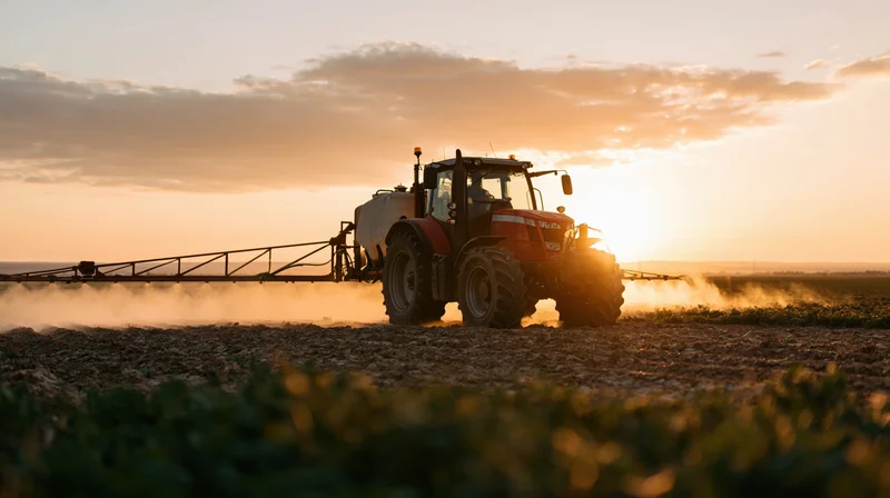 Red tractor with boom sprayer moving through a low crop field at sunset