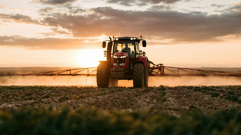 Red tractor with boom sprayer moving through a low crop field at sunset