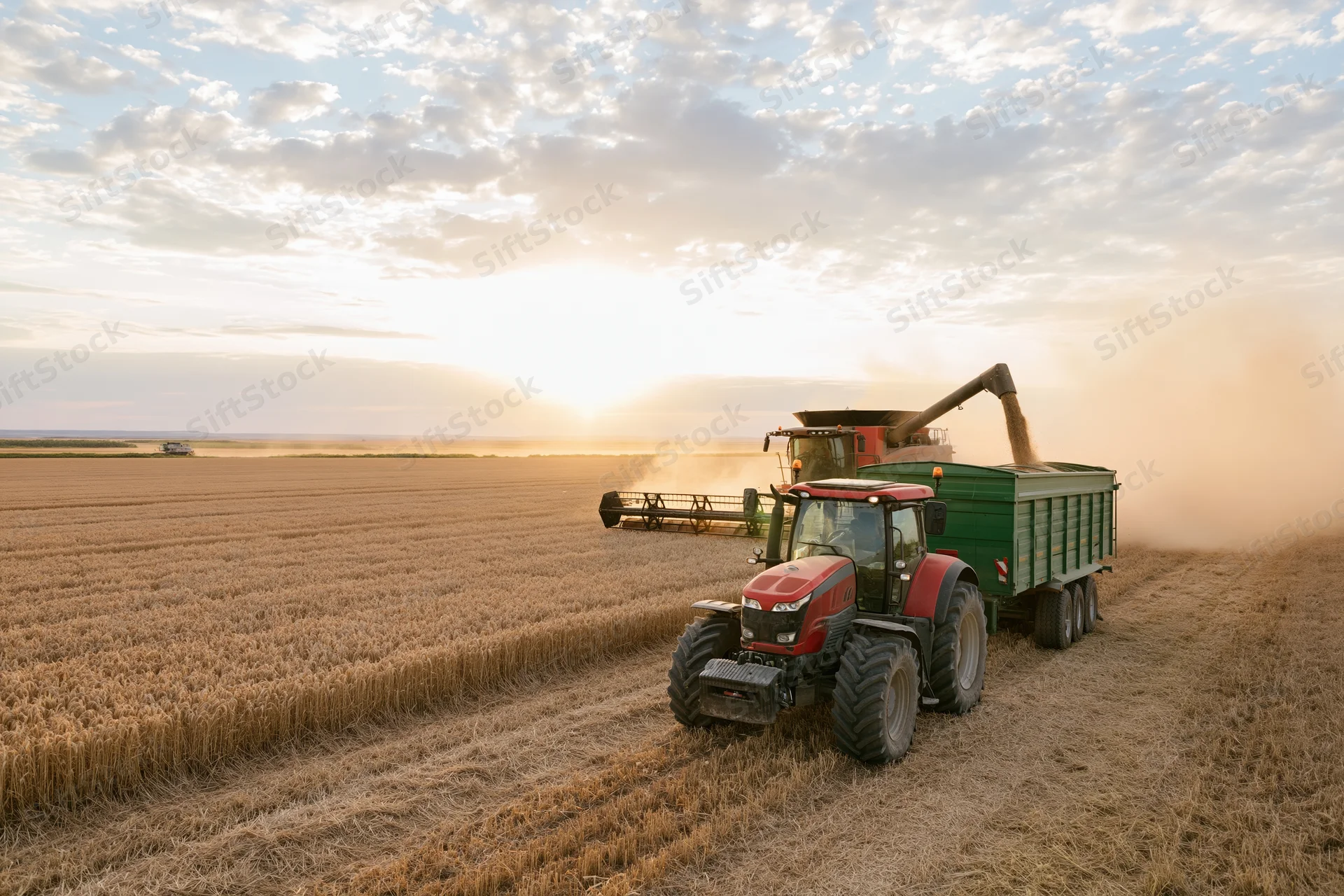 Red tractor towing green grain trailer alongside combine harvester in wheat field at sunset