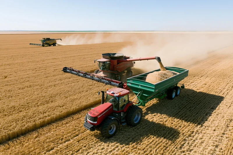 Red tractor with green grain trailer parked in foreground while combine harvester unloads wheat into trailer in golden field