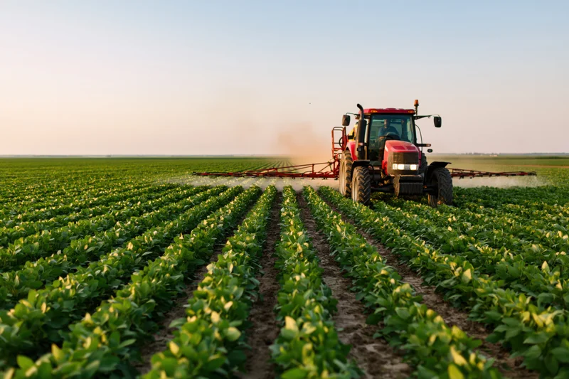 Red tractor spraying crops in a green soybean field at sunrise