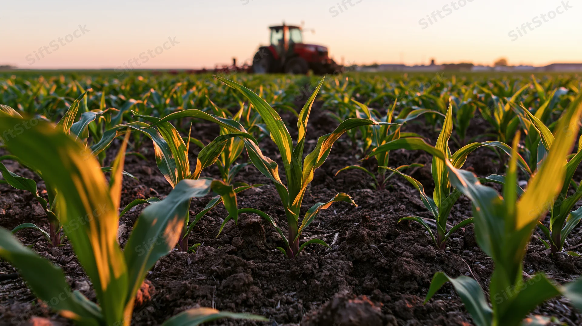 Young corn plants growing in rows with a red tractor in the background at sunset