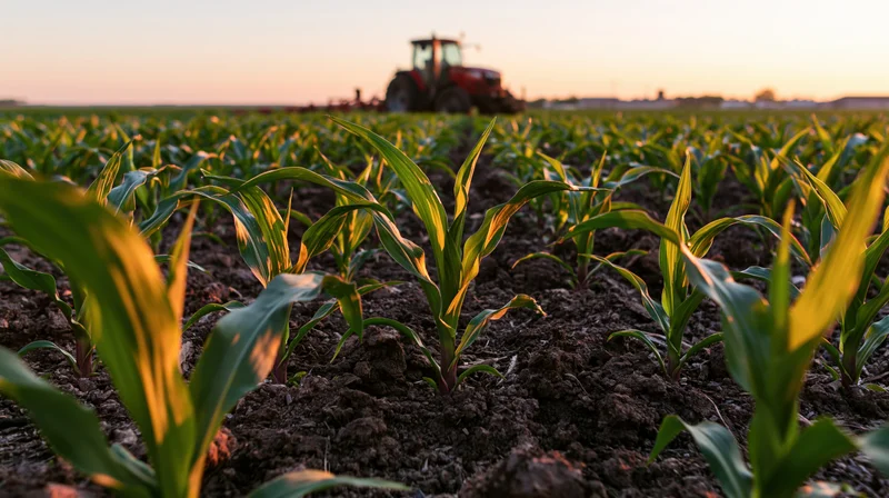 Young corn plants growing in rows with a red tractor in the background at sunset