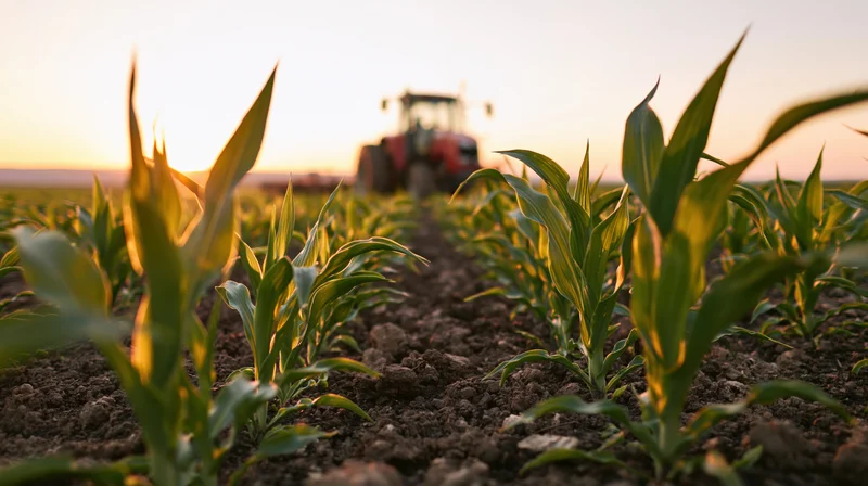 Young corn plants growing in rows with a red tractor working the field at sunset