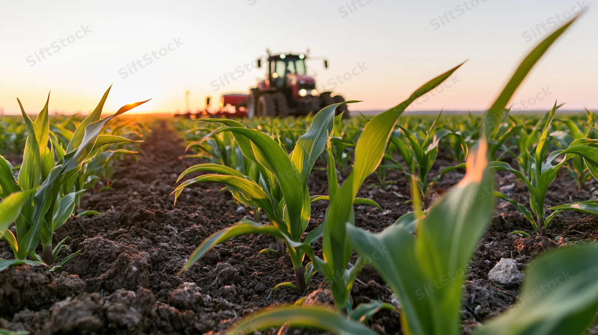 Young corn plants growing in a field with a red tractor working in the background at sunset
