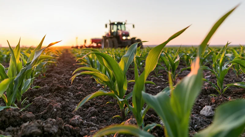 Young corn plants growing in a field with a red tractor working in the background at sunset