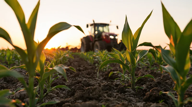 Young corn plants growing in a field with a red tractor in the background at sunset