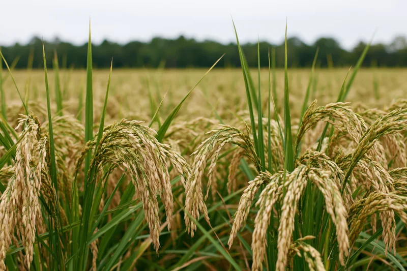 Close-up of golden rice stalks bending in a paddy field under an overcast sky