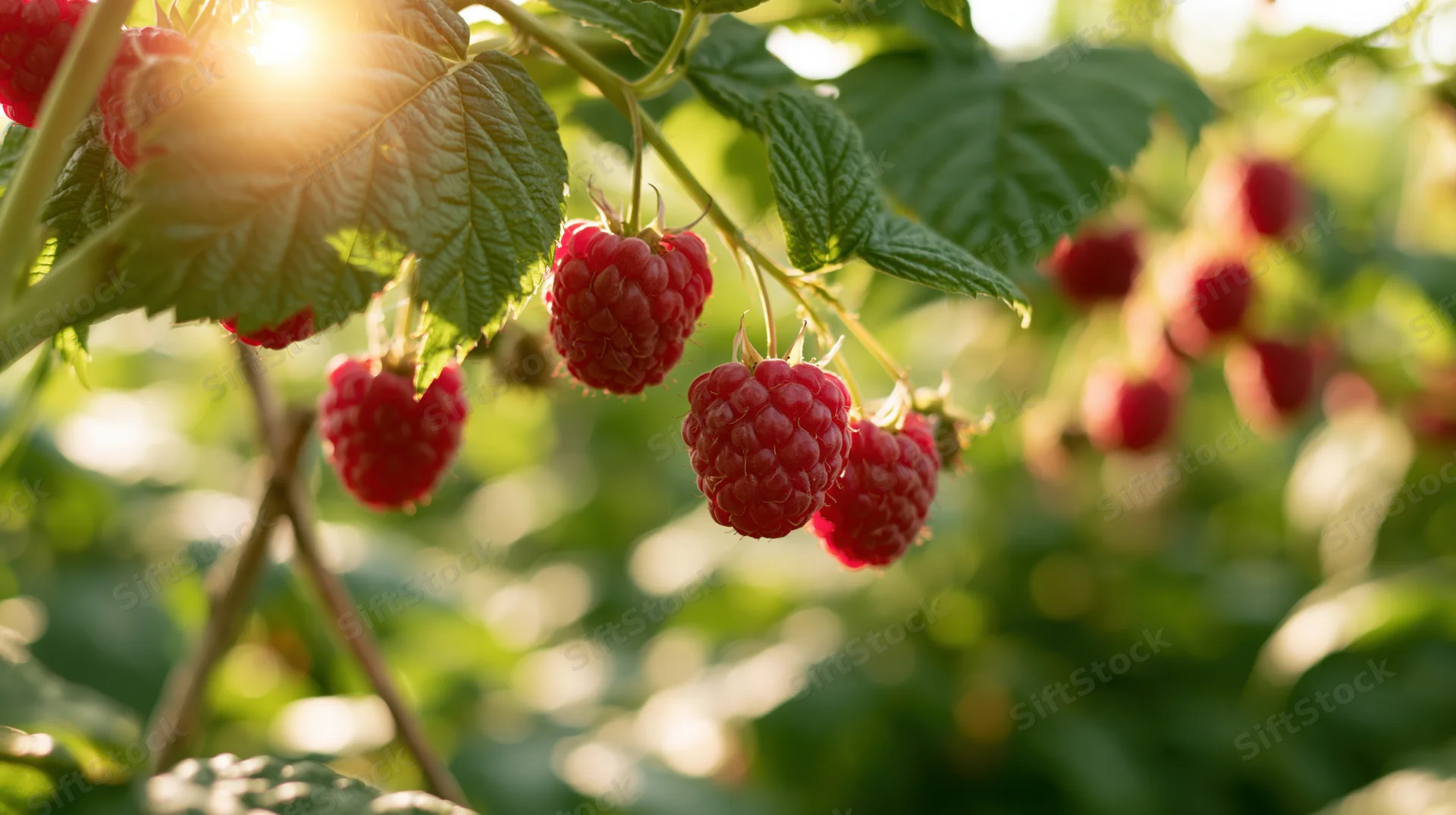 Ripe red raspberries hanging from leafy green canes in a sunlit garden