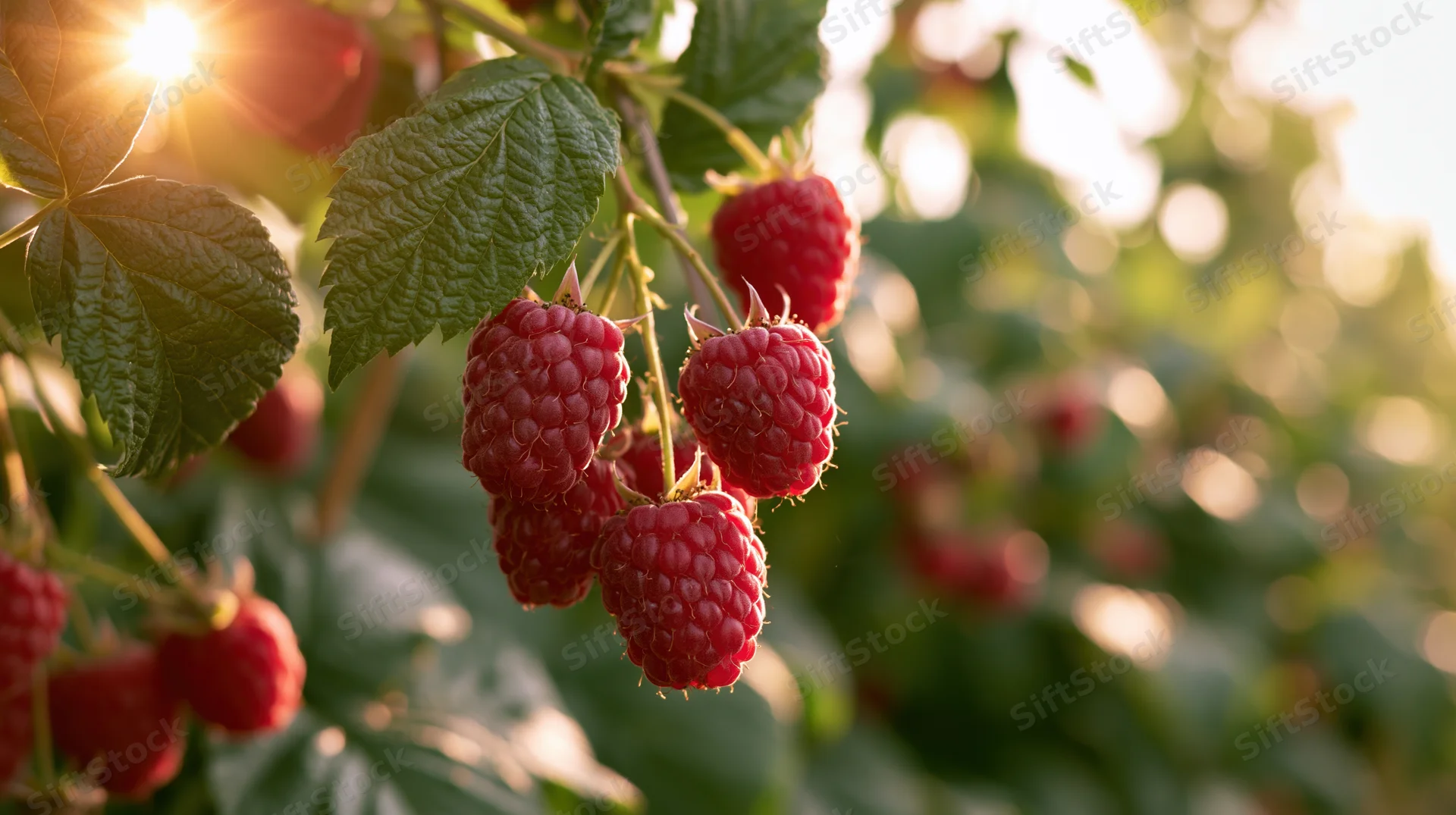 Ripe red raspberries hanging from leafy green canes in a sunlit garden