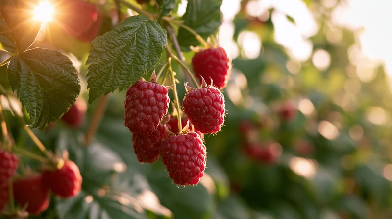 Ripe red raspberries hanging from leafy green canes in a sunlit garden