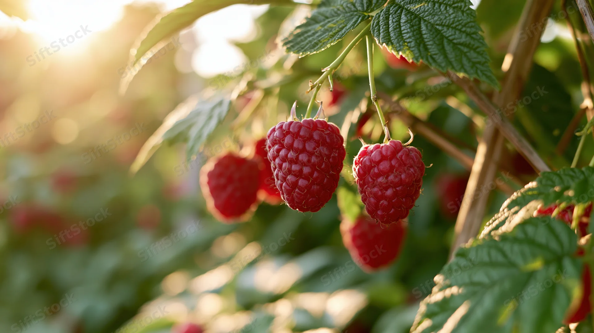 Ripe red raspberries hanging from leafy green canes in a sunlit garden