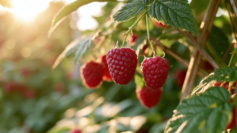 Ripe red raspberries hanging from leafy green canes in a sunlit garden