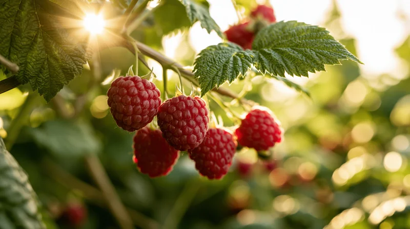 Ripe red raspberries hanging from leafy green canes in a sunlit garden