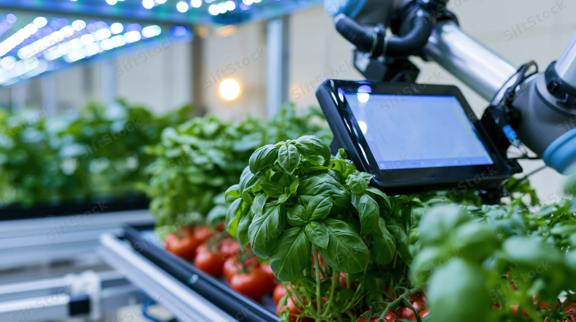 Robotic arm with mounted screen scanning basil plants in indoor farm