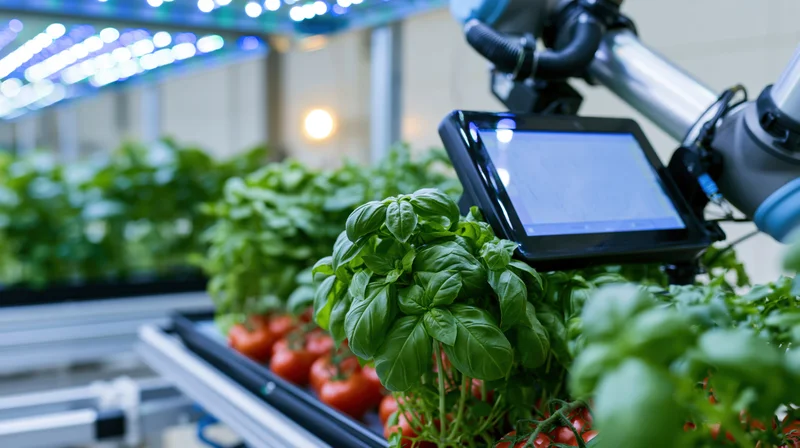 Robotic arm with mounted screen scanning basil plants in indoor farm