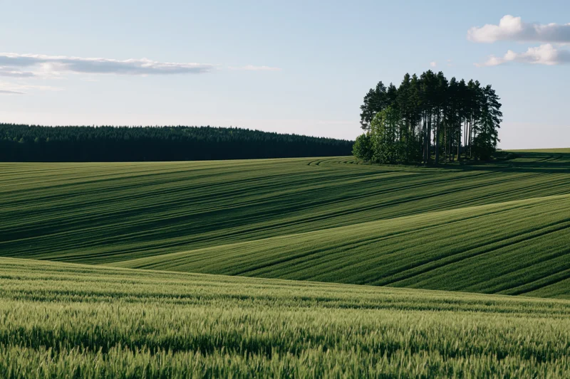 Rolling green crop fields sweeping across gentle hills with a cluster of pine trees under a partly cloudy sky